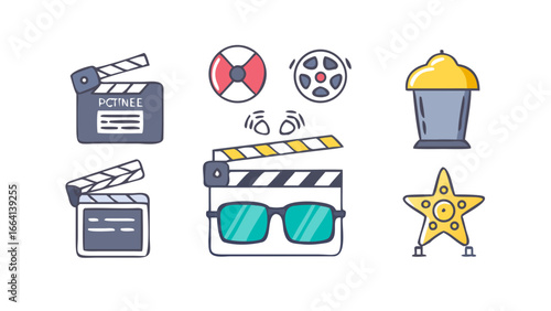 A collection of charmingly illustrated movie and cinema icons including clapperboards film reels 3d glasses a hollywood walk of fame star and a popcorn bucket presented on a black background
