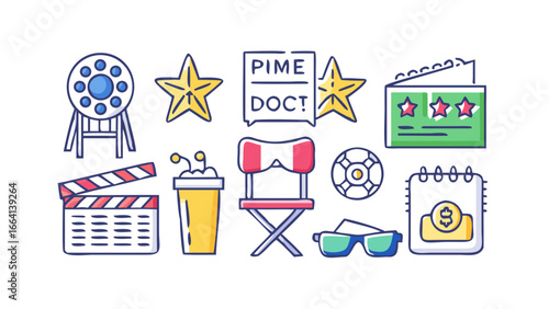 A collection of colorful flat design icons representing movie production filmmaking cinema awards and entertainment industry elements on a black background