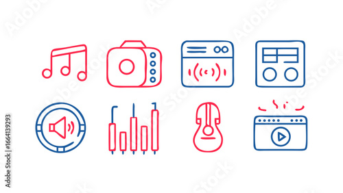 A collection of stylized music and audio icons in neon red and blue outlines on a black background representing sound recording and entertainment technology