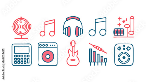 A vibrant collection of music related icons in a playful doodle style featuring instruments audio equipment and musical notation on a black background