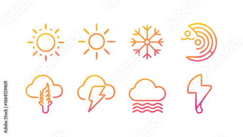 Collection of stylized weather icons featuring a sun snowflake radar cloud with rain thunderstorm and lightning bolt all rendered with a vibrant gradient on a black background