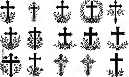 Decorative Christian Cross Silhouettes with Floral Designs" vector bundle