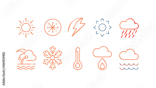 A collection of weather icons including sun snowflake lightning thermometer rain clouds and stormy weather with waves presented on a black background
