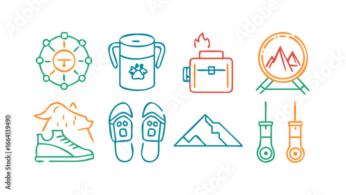 Collection of colorful neon line art icons representing outdoor adventure and camping gear including a compass water bottle lantern agility course hiking boot flip flops mountain and tent stakes