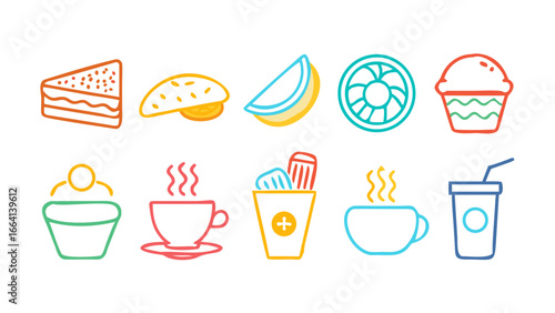 A vibrant collection of stylized neon outline icons representing popular food and drink items including cake burger fruit slice donut cupcake coffee cups and a takeaway drink on a black background