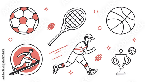 A vibrant collection of sports illustrations featuring a soccer ball basketball tennis racket running athlete paddleboarder trophy and footballs all in a clean modern line art style with coral accents