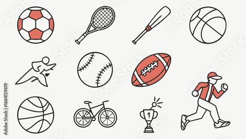 Collection of stylized sports icons including a soccer ball tennis racket baseball bat basketball baseball football runners bicycle and trophy on a plain background