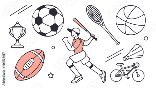 Diverse collection of sports equipment and a baseball player in action representing various athletic activities and the spirit of competition and achievement