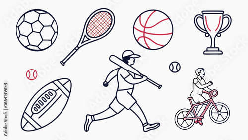 A collection of stylized sports icons including a soccer ball tennis racket basketball trophy baseball player football and cyclist on a bicycle