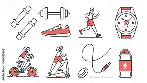 A collection of simple line art icons depicting various fitness activities and equipment including running cycling weightlifting and hydration for a healthy lifestyle