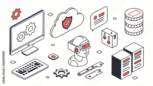 Modern technology and digital innovation concept with isometric icons representing cloud computing data security virtual reality computer hardware and communication systems