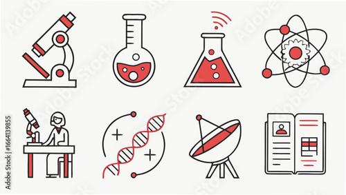 A collection of science and research icons including a microscope laboratory flasks atomic structure dna satellite dish and a scientist at work