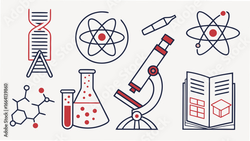 A collection of scientific icons including a dna strand atomic models a microscope test tubes a chemical formula and an open book with diagrams representing research and discovery