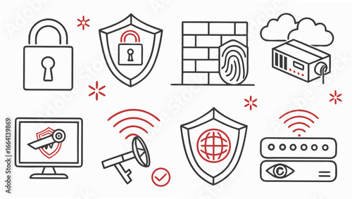 Collection of cybersecurity icons representing digital protection data security network access privacy and online safety measures in a modern flat design style
