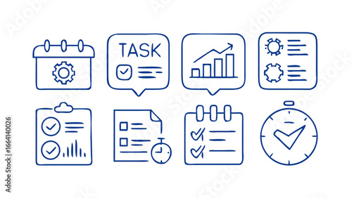 A collection of blue line art icons representing business tasks scheduling progress tracking and time management on a black background