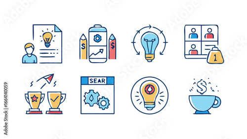 Collection of hand drawn business and startup icons representing ideas progress teamwork search success and financial growth on a black background