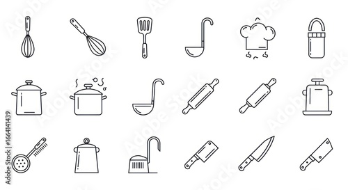 Kitchen tools line art icons set for cooking food preparation