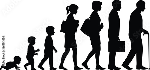 Evolution of human life stages from infancy to old age, diverse ages walking silhouette, growth, development, career, education, and aging process concept.