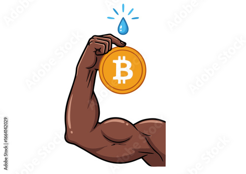 Strong arm displaying a golden digital coin with a unique monetary symbol, receiving a precious drop of water, symbolizing robust financial growth and valuable investment in the virtual economy