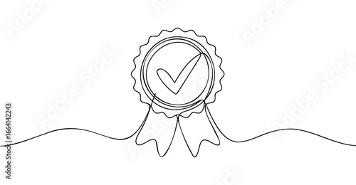 Minimalist continuous line drawing of award badge with check mark and ribbon, symbolizing quality, approval, certification, and achievement