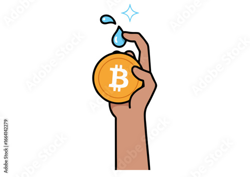Bitcoin price volatility and financial market analysis showing a hand holding a bitcoin coin with water dripping from above