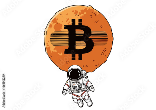 Astronaut investor floating towards a crypto moon, a symbolic cartoon representing the skyrocketing value of digital currency and blockchain investment success
