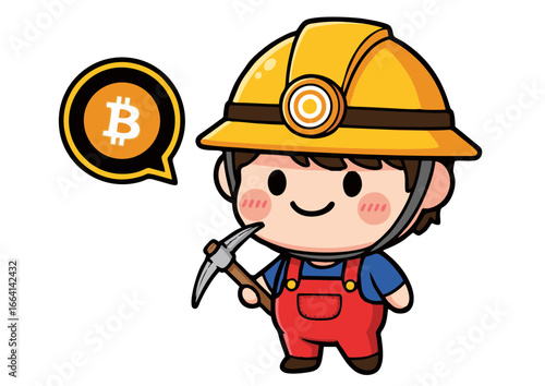 Crypto mining concept with a cute cartoon miner holding a pickaxe and bitcoin symbol in a speech bubble, symbolizing digital currency generation and blockchain technology