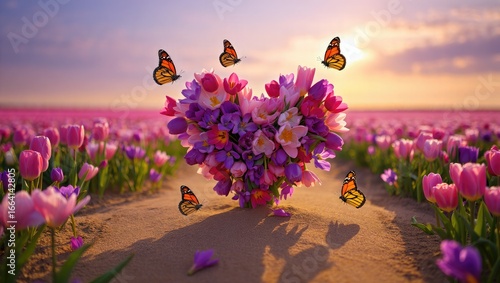 Heart shaped bouquet of tulips with butterflies in a field