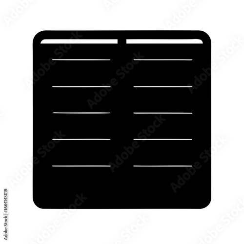 Black rectangular box with rounded corners and thin white horizontal lines inside