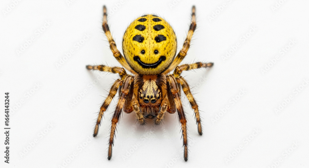 Fototapeta premium A striking close-up of a yellow spider with a distinctive smiley face pattern on its abdomen.