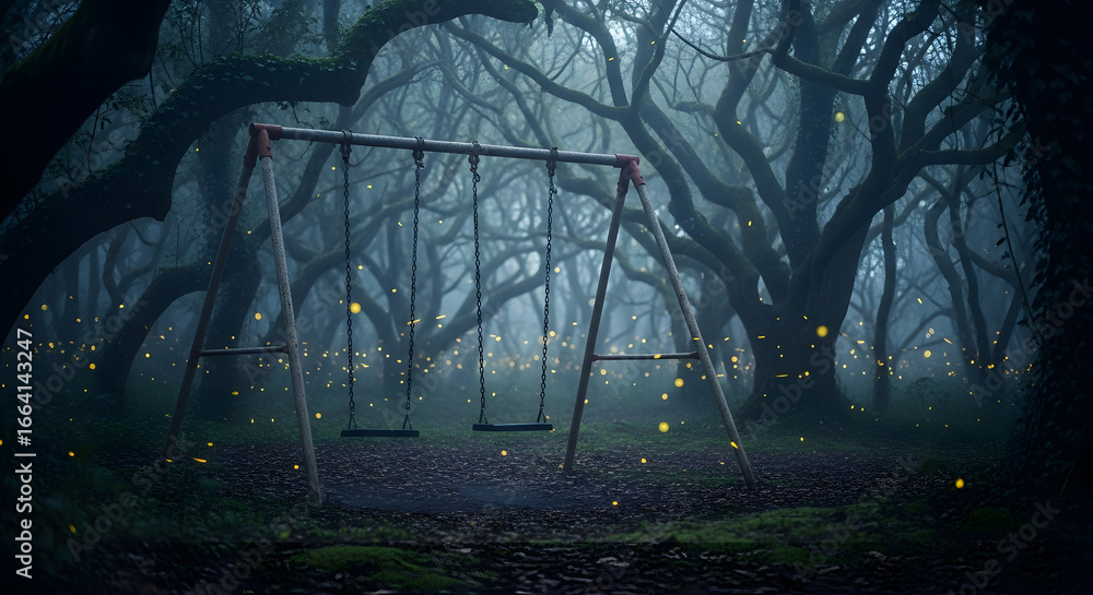 Fototapeta premium Enchanted Evening: A Swing Set Amongst Mystical Fireflies in the Forest, Whimsical Playground: A Swing Set in a Dark Forest Illuminated by Fireflies
