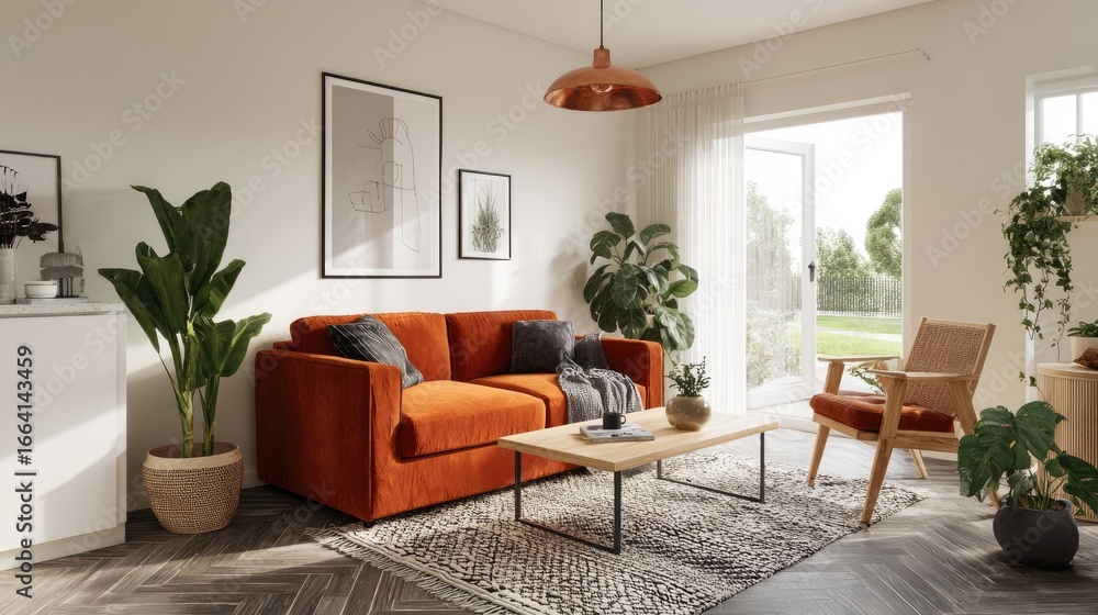 Naklejka premium Rustic living room with orange velvet couch and wooden furniture.