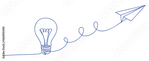 Minimalist continuous line drawing of light bulb connected to flying paper plane, symbolizing creativity, innovation, ideas, and imagination