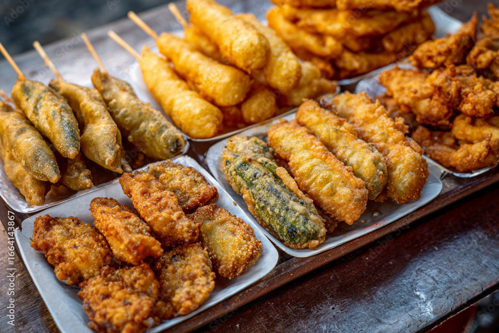 Flat lay of deep-fried street food snacks Flat lay of deep-fried street food snacks