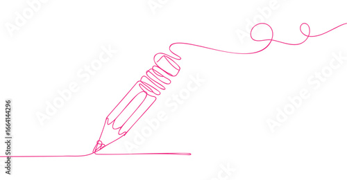 Minimalist continuous line drawing of pink pencil writing, symbolizing creativity, education, art, expression, and learning process
