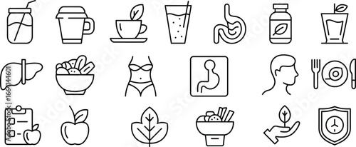 Healthy lifestyle nutrition icons, diet food, digestion, detox drink, vitamins, wellness care, fitness, organic meal, body health, flat vector illustration