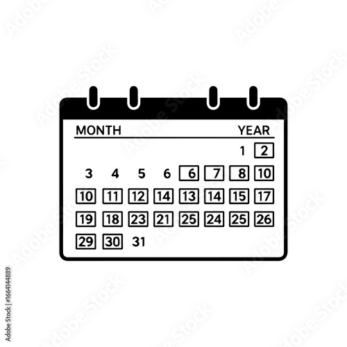Flat black and white desk calendar icon with highlighted dates showing a full month schedule.