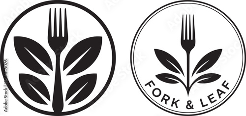 A minimalist black and white circular logo featuring a fork with leaves, representing healthy, natural, and organic food or dining for vegan day
