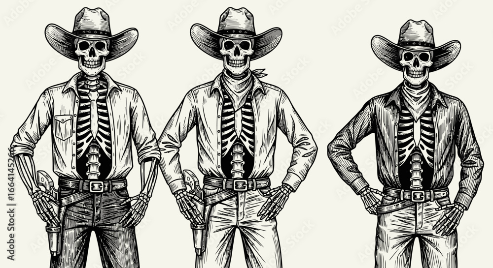 Obraz premium Three skeletal cowboys, in various attire, stand with hands on hips, depicted in a vintage woodcut style.
