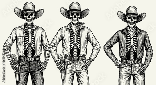 Three skeletal cowboys, in various attire, stand with hands on hips, depicted in a vintage woodcut style.