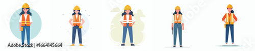 Female Engineer in Safety Vest and Helmet Standing Pose Vector Illustration