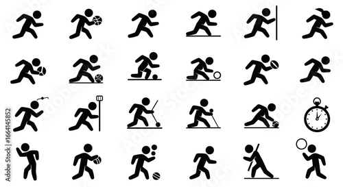 Collection of stylized black and white icons depicting various athletic activities and sports.