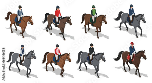 Eight horses with riders wearing different colored tops and helmets, side view, isolated on a white background.