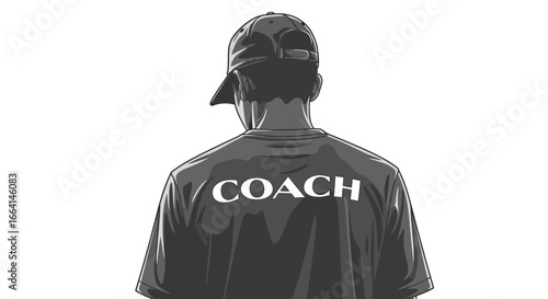 Rear view of a coach in a gray t-shirt,  showing the word "COACH" on the back.