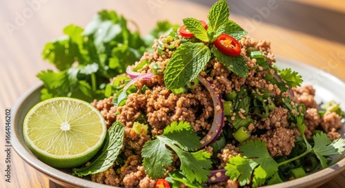 Vibrant Thai Larb: A Zesty Minced Meat Salad with Fresh Herbs, Chili, and Lime