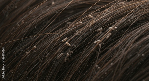 Macro view of lice nits clinging to dark brown hair