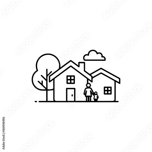 Minimalist line art icon of a family home with a parent and child standing outside.