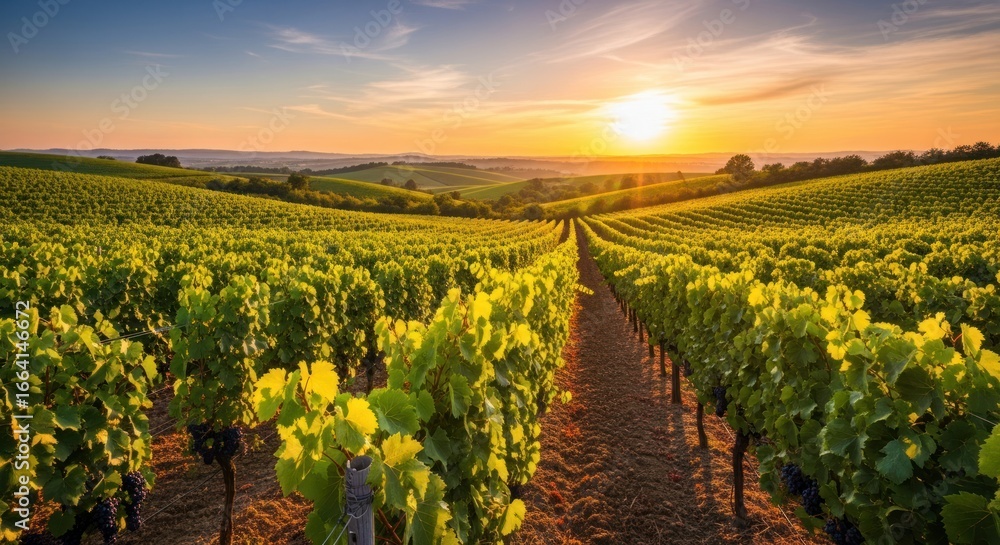 Obraz premium Vibrant Vineyard Rows Leading to a Golden Sunset Over Hazy Hills