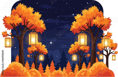 Utumnal trees with glowing lanterns, festive, seasonal