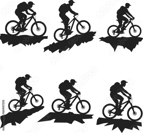Mountain biking silhouette on rocky terrain, adventure cyclist vector illustration, extreme sports outdoor activity, bike rider on cliff edge, mountain bike icon.